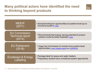 Many political actors have identified the need
to thinking beyond products
• Advised looking for opportunities at systems ...