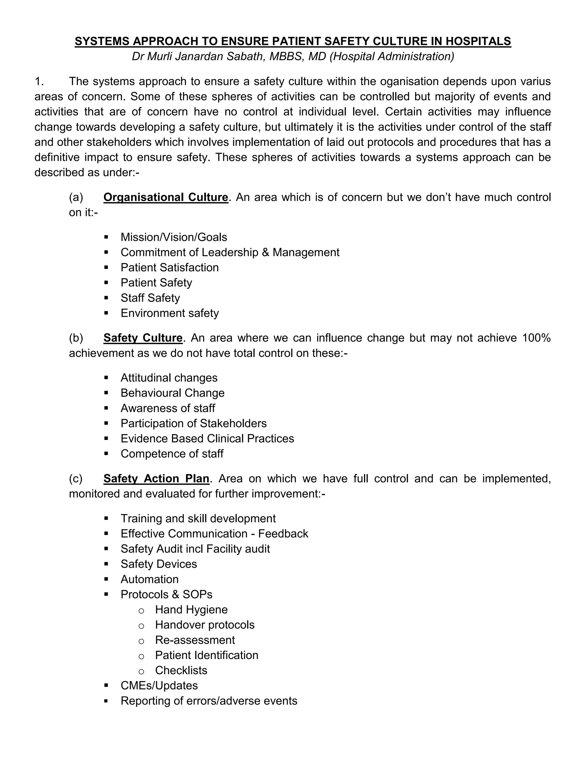 Systems approach to ensure patient safety culture in hospitals | PDF