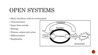  Many interfaces with its environment
 Characteristics
Input from outside
Entropy
Process, output and cycles
Differentiation
Equifinality
 