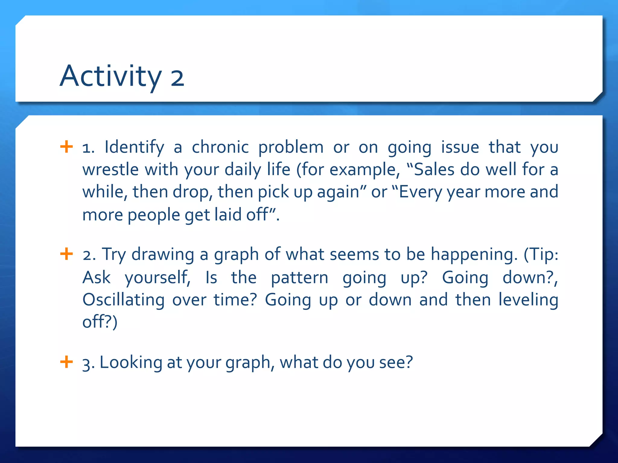Activity 2
Ê 1. Identify a chronic problem or on going issue that you
wrestle with your daily life (for example, “Sales do well for a
while, then drop, then pick up again” or “Every year more and
more people get laid off”.
Ê 2. Try drawing a graph of what seems to be happening. (Tip:
Ask yourself, Is the pattern going up? Going down?,
Oscillating over time? Going up or down and then leveling
off?)
Ê 3. Looking at your graph, what do you see?
 
