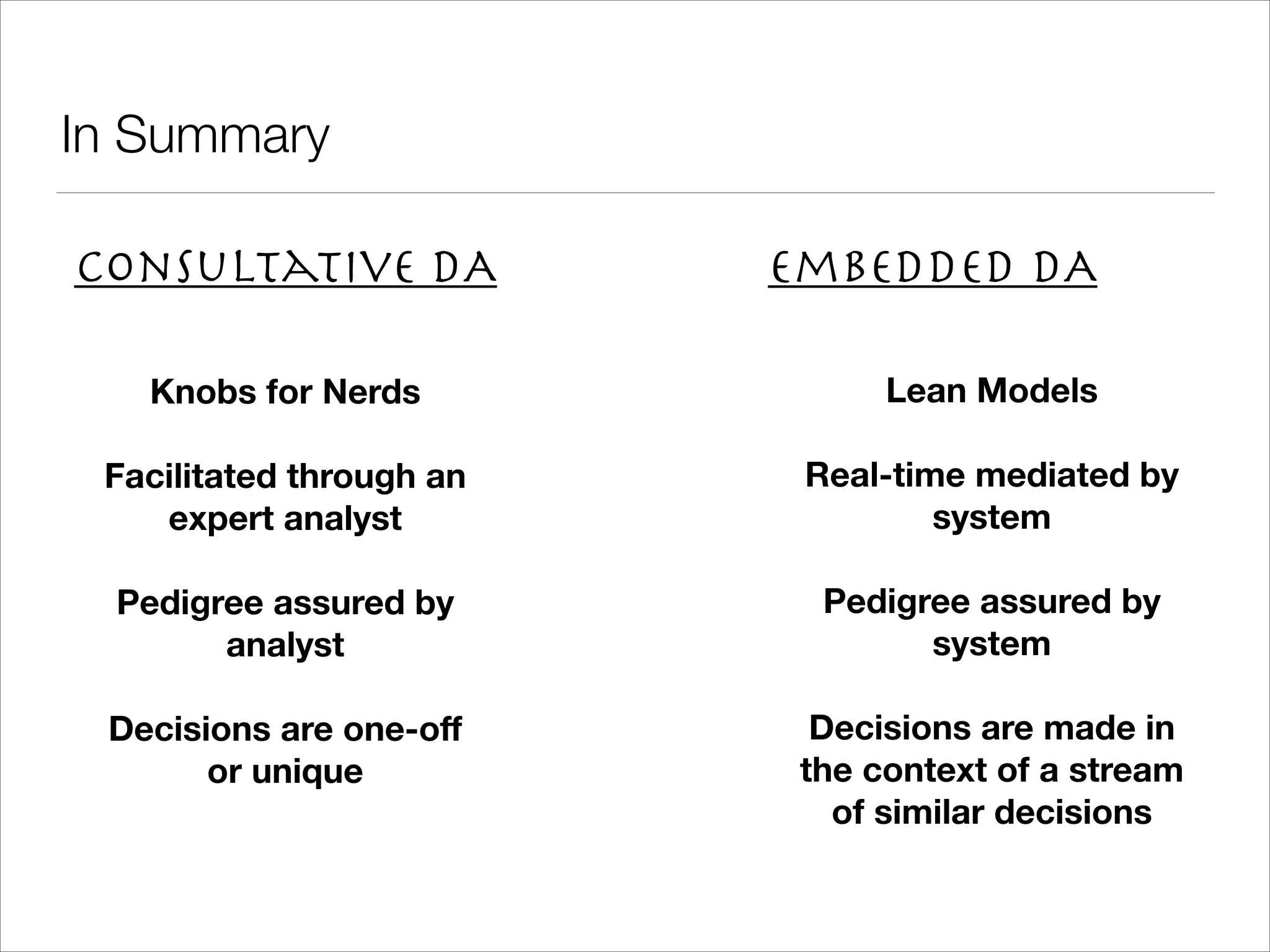 In Summary Consultative DA Embedded DA Knobs for Nerds ! Facilitated through an expert analyst ! Pedigree assured by analyst ! Decisions are one-oﬀ or unique Lean Models ! Real-time mediated by system ! Pedigree assured by system ! Decisions are made in the context of a stream of similar decisions ! 