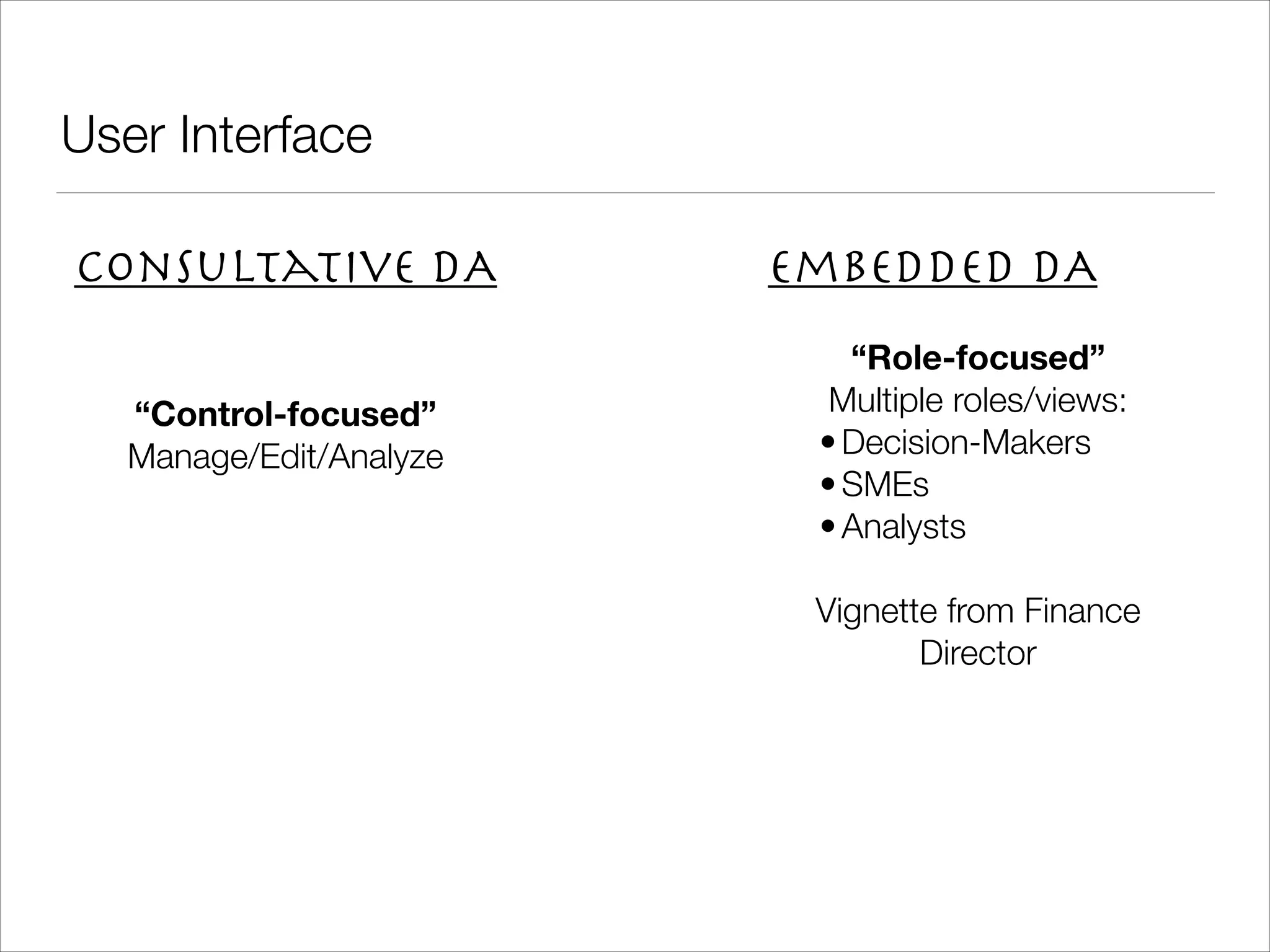 User Interface Consultative DA Embedded DA “Control-focused” Manage/Edit/Analyze ! “Role-focused” Multiple roles/views: •Decision-Makers •SMEs •Analysts ! Vignette from Finance Director 