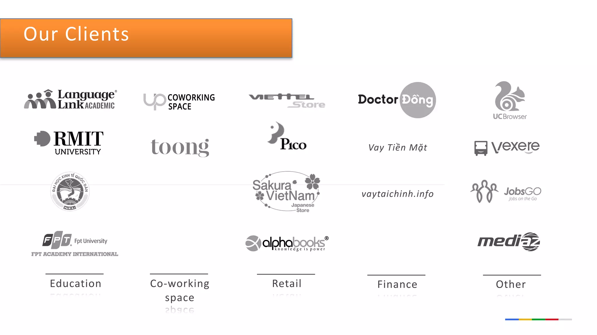 Our	Clients
Education Co-working	
space
Retail Finance Other
vaytaichinh.info
Vay	Tiền	Mặt
 