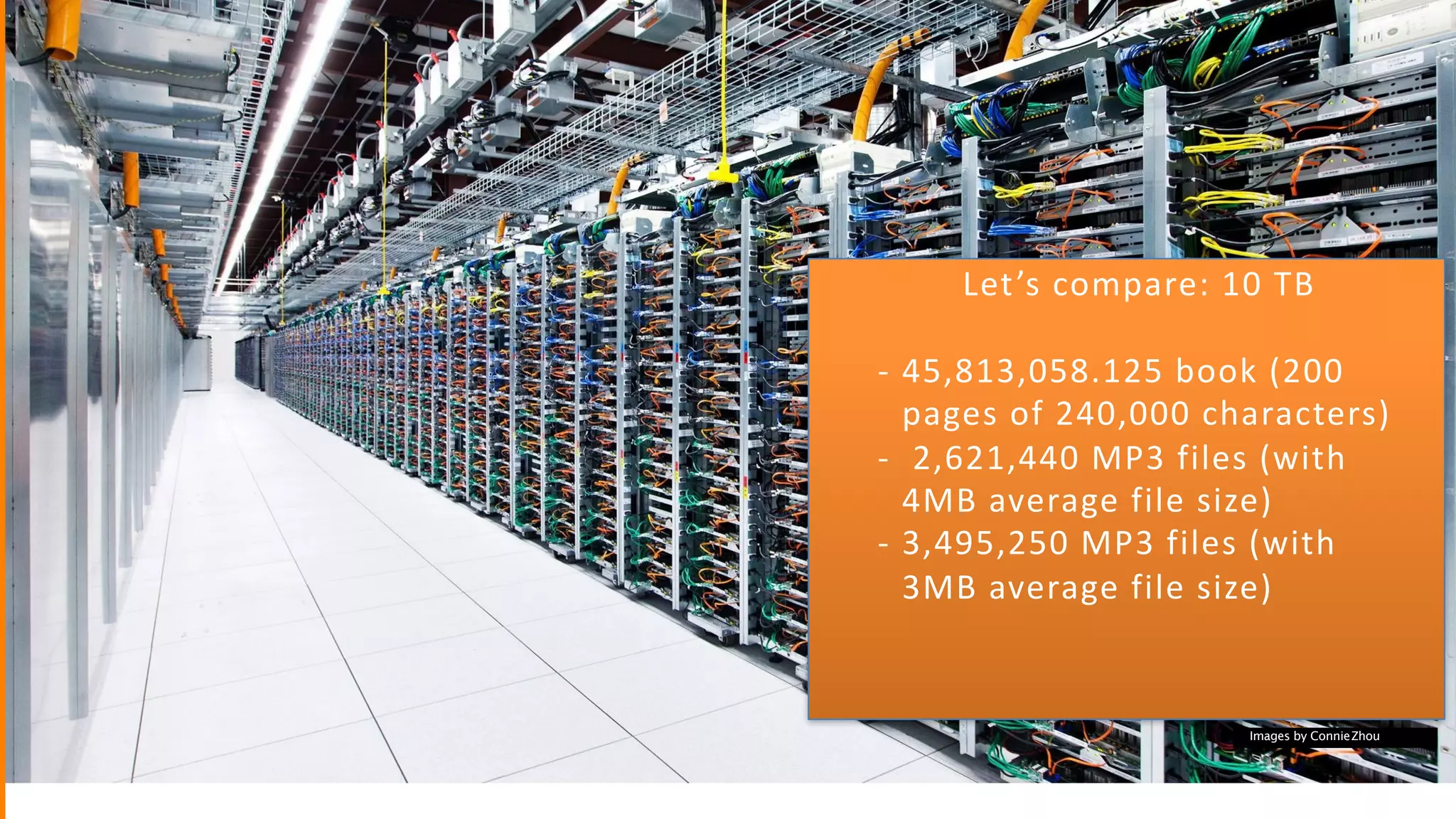 Let’s	compare:	10	TB	
- 45,813,058.125	book	(200	
pages	of	240,000	characters)		
- 	2,621,440	MP3	files	(with	
4MB	average	file	size)	
- 3,495,250	MP3	files	(with	
3MB	average	file	size)
Images by ConnieZhou
 