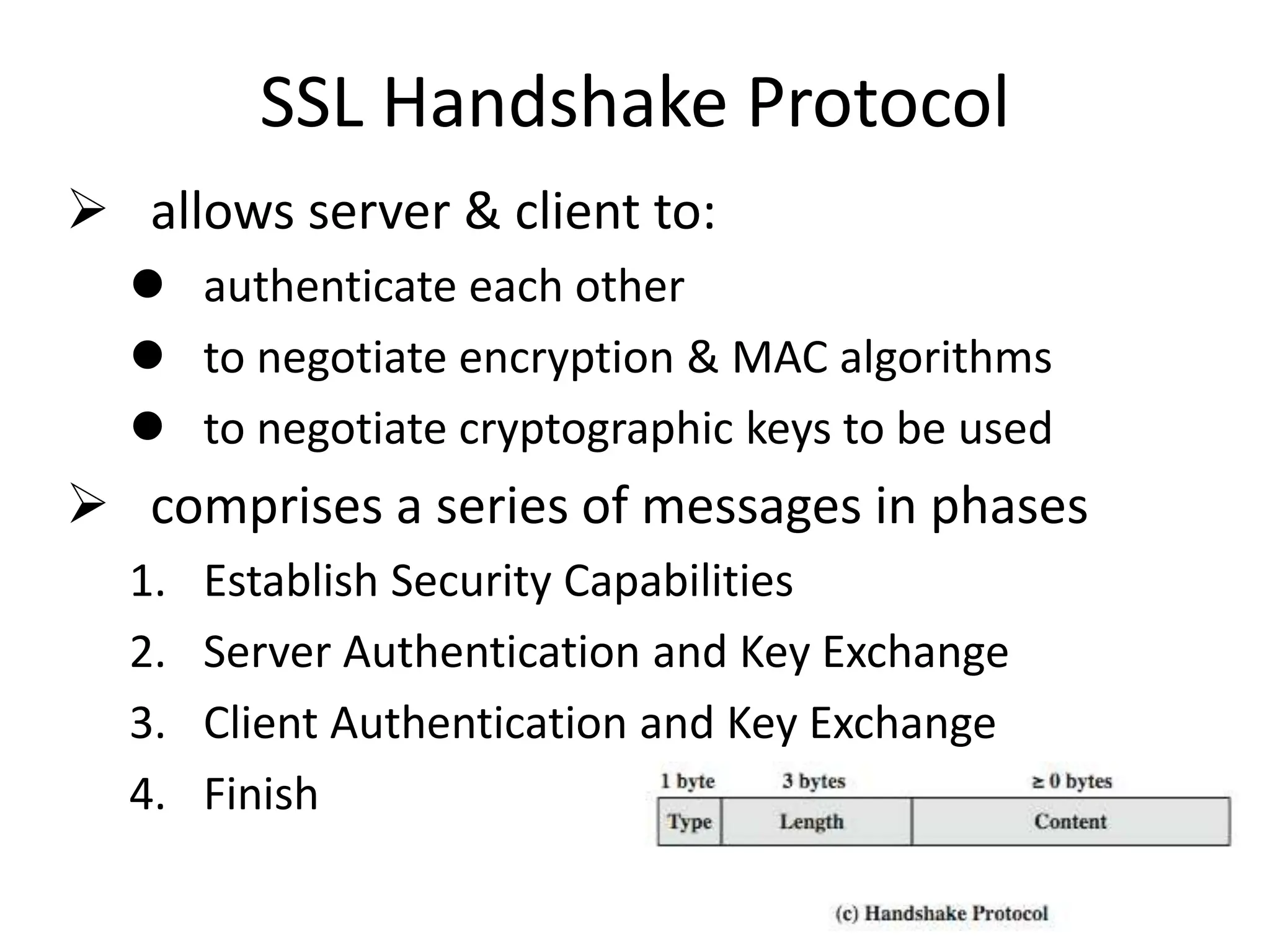 SSL Handshake Protocol
 allows server & client to:
 authenticate each other
 to negotiate encryption & MAC algorithms
 to negotiate cryptographic keys to be used
 comprises a series of messages in phases
1. Establish Security Capabilities
2. Server Authentication and Key Exchange
3. Client Authentication and Key Exchange
4. Finish
 
