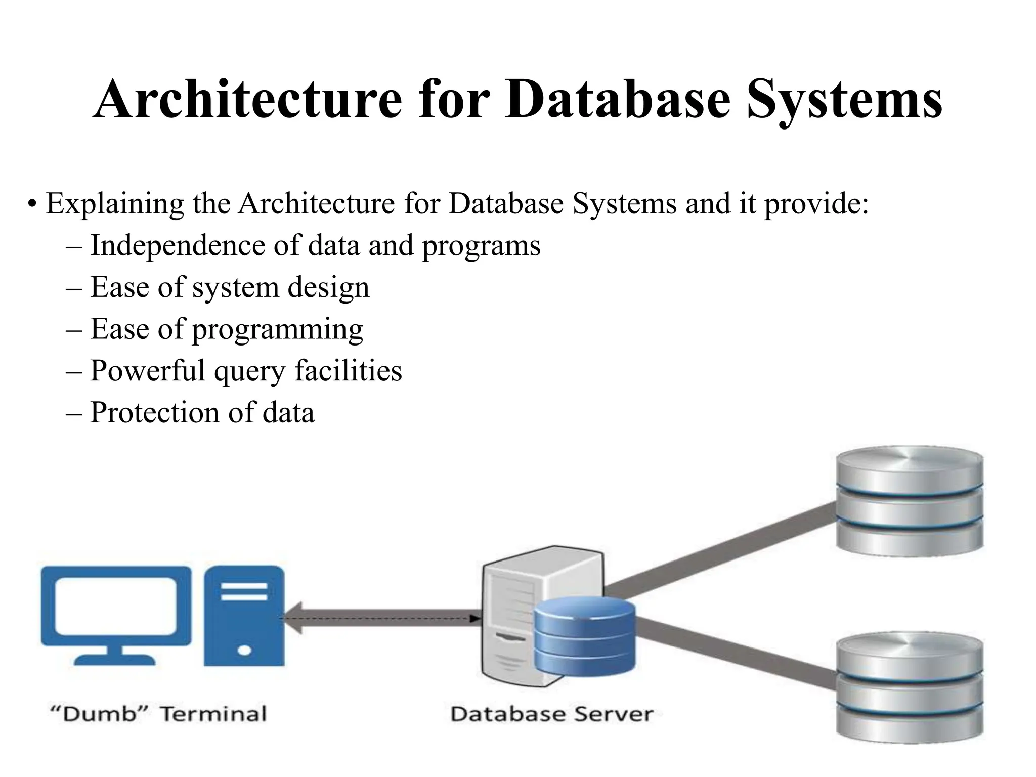 Architecture for Database Systems
• Explaining the Architecture for Database Systems and it provide:
– Independence of data and programs
– Ease of system design
– Ease of programming
– Powerful query facilities
– Protection of data
 