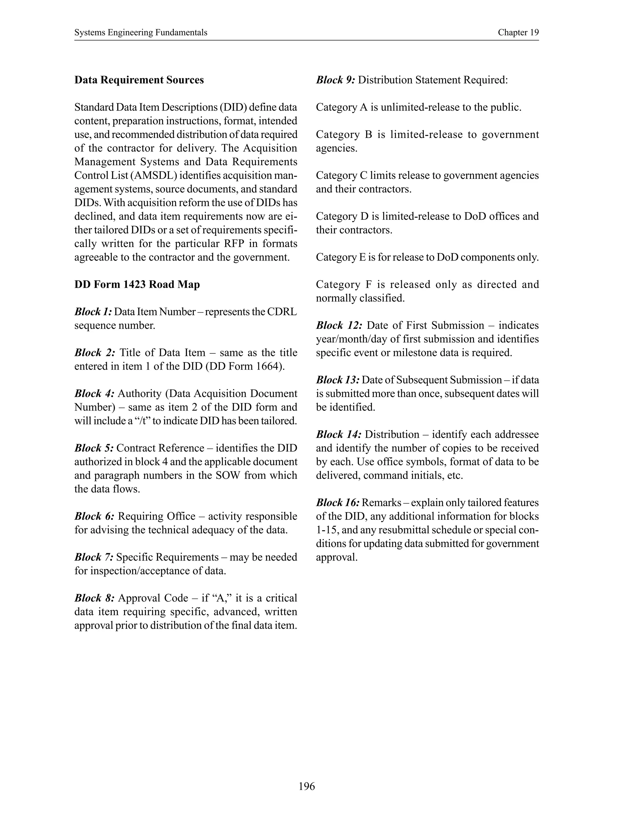 Systems Engineering Fundamentals Chapter 19
196
Data Requirement Sources
Standard Data Item Descriptions (DID) define data
content, preparation instructions, format, intended
use, and recommended distribution of data required
of the contractor for delivery. The Acquisition
Management Systems and Data Requirements
Control List (AMSDL) identifies acquisition man-
agement systems, source documents, and standard
DIDs.With acquisition reform the use of DIDs has
declined, and data item requirements now are ei-
ther tailored DIDs or a set of requirements specifi-
cally written for the particular RFP in formats
agreeable to the contractor and the government.
DD Form 1423 Road Map
Block 1: Data Item Number – represents the CDRL
sequence number.
Block 2: Title of Data Item – same as the title
entered in item 1 of the DID (DD Form 1664).
Block 4: Authority (Data Acquisition Document
Number) – same as item 2 of the DID form and
will include a “/t” to indicate DID has been tailored.
Block 5: Contract Reference – identifies the DID
authorized in block 4 and the applicable document
and paragraph numbers in the SOW from which
the data flows.
Block 6: Requiring Office – activity responsible
for advising the technical adequacy of the data.
Block 7: Specific Requirements – may be needed
for inspection/acceptance of data.
Block 8: Approval Code – if “A,” it is a critical
data item requiring specific, advanced, written
approval prior to distribution of the final data item.
Block 9: Distribution Statement Required:
Category A is unlimited-release to the public.
Category B is limited-release to government
agencies.
Category C limits release to government agencies
and their contractors.
Category D is limited-release to DoD offices and
their contractors.
Category E is for release to DoD components only.
Category F is released only as directed and
normally classified.
Block 12: Date of First Submission – indicates
year/month/day of first submission and identifies
specific event or milestone data is required.
Block 13: Date of Subsequent Submission – if data
is submitted more than once, subsequent dates will
be identified.
Block 14: Distribution – identify each addressee
and identify the number of copies to be received
by each. Use office symbols, format of data to be
delivered, command initials, etc.
Block 16: Remarks – explain only tailored features
of the DID, any additional information for blocks
1-15, and any resubmittal schedule or special con-
ditions for updating data submitted for government
approval.
 