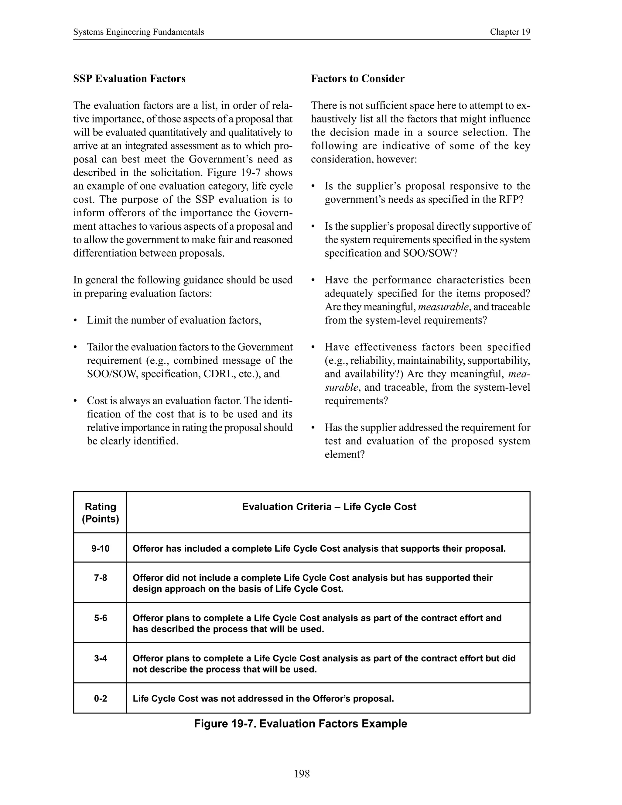 Systems Engineering Fundamentals Chapter 19
198
Figure 19-7. Evaluation Factors Example
Rating Evaluation Criteria – Life Cycle Cost
(Points)
9-10 Offeror has included a complete Life Cycle Cost analysis that supports their proposal.
7-8 Offeror did not include a complete Life Cycle Cost analysis but has supported their
design approach on the basis of Life Cycle Cost.
5-6 Offeror plans to complete a Life Cycle Cost analysis as part of the contract effort and
has described the process that will be used.
3-4 Offeror plans to complete a Life Cycle Cost analysis as part of the contract effort but did
not describe the process that will be used.
0-2 Life Cycle Cost was not addressed in the Offeror’s proposal.
SSP Evaluation Factors
The evaluation factors are a list, in order of rela-
tive importance, of those aspects of a proposal that
will be evaluated quantitatively and qualitatively to
arrive at an integrated assessment as to which pro-
posal can best meet the Government’s need as
described in the solicitation. Figure 19-7 shows
an example of one evaluation category, life cycle
cost. The purpose of the SSP evaluation is to
inform offerors of the importance the Govern-
ment attaches to various aspects of a proposal and
to allow the government to make fair and reasoned
differentiation between proposals.
In general the following guidance should be used
in preparing evaluation factors:
• Limit the number of evaluation factors,
• Tailor the evaluation factors to the Government
requirement (e.g., combined message of the
SOO/SOW, specification, CDRL, etc.), and
• Cost is always an evaluation factor. The identi-
fication of the cost that is to be used and its
relative importance in rating the proposal should
be clearly identified.
Factors to Consider
There is not sufficient space here to attempt to ex-
haustively list all the factors that might influence
the decision made in a source selection. The
following are indicative of some of the key
consideration, however:
• Is the supplier’s proposal responsive to the
government’s needs as specified in the RFP?
• Is the supplier’s proposal directly supportive of
the system requirements specified in the system
specification and SOO/SOW?
• Have the performance characteristics been
adequately specified for the items proposed?
Are they meaningful, measurable, and traceable
from the system-level requirements?
• Have effectiveness factors been specified
(e.g., reliability, maintainability, supportability,
and availability?) Are they meaningful, mea-
surable, and traceable, from the system-level
requirements?
• Has the supplier addressed the requirement for
test and evaluation of the proposed system
element?
 