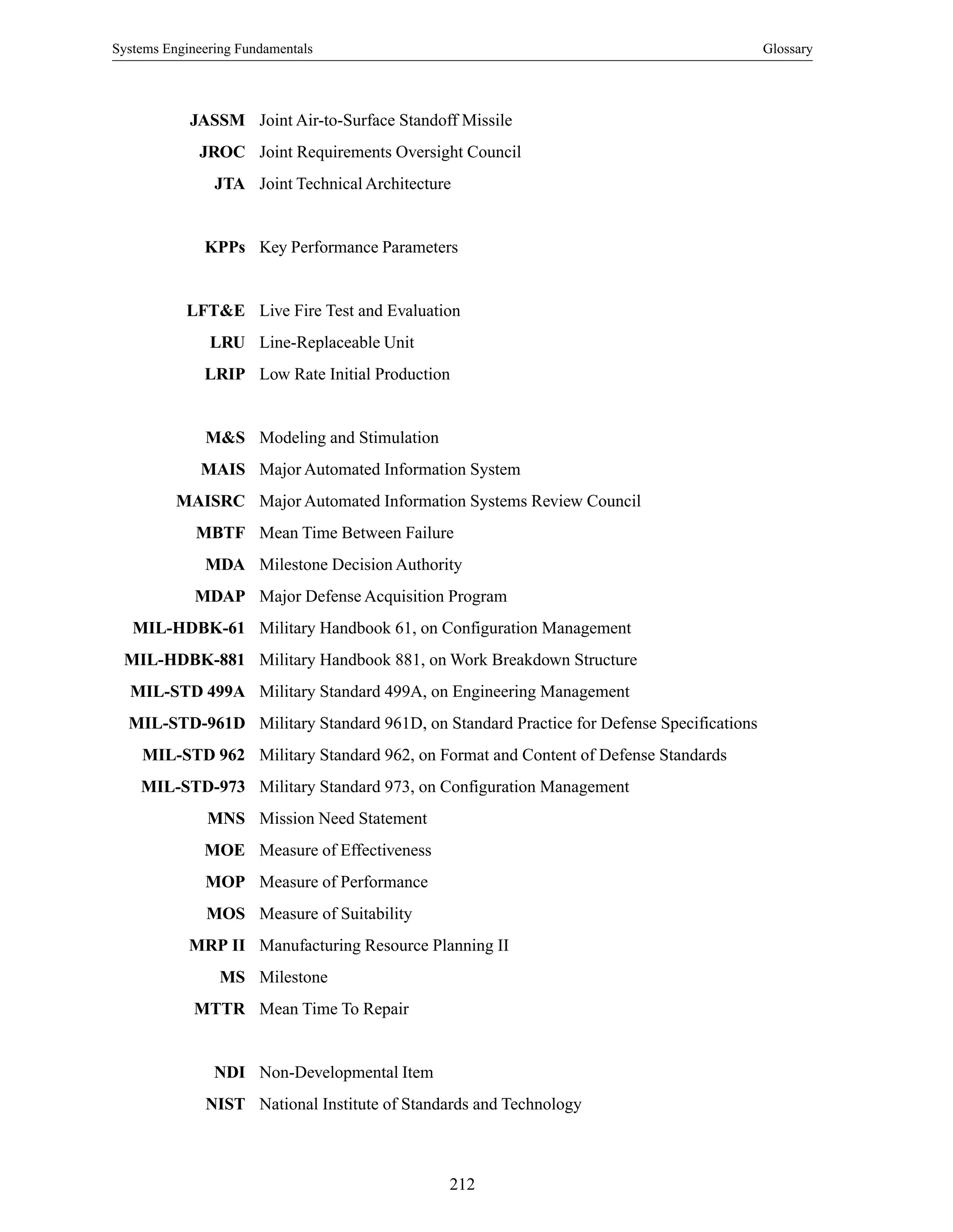 Systems Engineering Fundamentals Glossary
212
JASSM Joint Air-to-Surface Standoff Missile
JROC Joint Requirements Oversight Council
JTA Joint Technical Architecture
KPPs Key Performance Parameters
LFT&E Live Fire Test and Evaluation
LRU Line-Replaceable Unit
LRIP Low Rate Initial Production
M&S Modeling and Stimulation
MAIS Major Automated Information System
MAISRC Major Automated Information Systems Review Council
MBTF Mean Time Between Failure
MDA Milestone Decision Authority
MDAP Major Defense Acquisition Program
MIL-HDBK-61 Military Handbook 61, on Configuration Management
MIL-HDBK-881 Military Handbook 881, on Work Breakdown Structure
MIL-STD 499A Military Standard 499A, on Engineering Management
MIL-STD-961D Military Standard 961D, on Standard Practice for Defense Specifications
MIL-STD 962 Military Standard 962, on Format and Content of Defense Standards
MIL-STD-973 Military Standard 973, on Configuration Management
MNS Mission Need Statement
MOE Measure of Effectiveness
MOP Measure of Performance
MOS Measure of Suitability
MRP II Manufacturing Resource Planning II
MS Milestone
MTTR Mean Time To Repair
NDI Non-Developmental Item
NIST National Institute of Standards and Technology
 