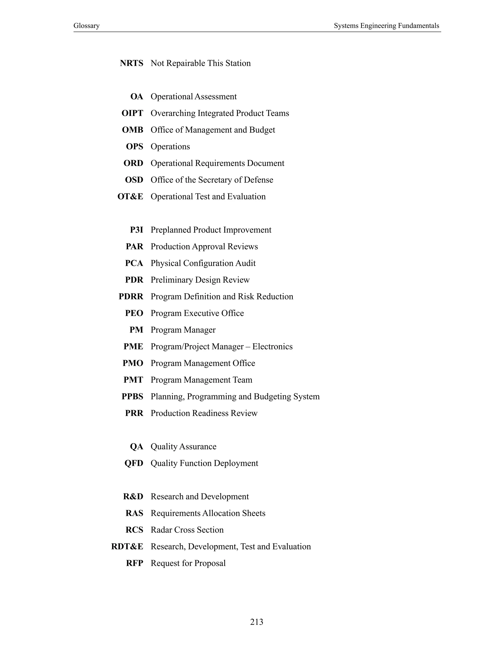 Glossary Systems Engineering Fundamentals
213
NRTS Not Repairable This Station
OA OperationalAssessment
OIPT Overarching Integrated Product Teams
OMB Office of Management and Budget
OPS Operations
ORD Operational Requirements Document
OSD Office of the Secretary of Defense
OT&E Operational Test and Evaluation
P3I Preplanned Product Improvement
PAR Production Approval Reviews
PCA Physical Configuration Audit
PDR Preliminary Design Review
PDRR Program Definition and Risk Reduction
PEO Program Executive Office
PM Program Manager
PME Program/Project Manager – Electronics
PMO Program Management Office
PMT Program Management Team
PPBS Planning, Programming and Budgeting System
PRR Production Readiness Review
QA Quality Assurance
QFD Quality Function Deployment
R&D Research and Development
RAS Requirements Allocation Sheets
RCS Radar Cross Section
RDT&E Research, Development, Test and Evaluation
RFP Request for Proposal
 
