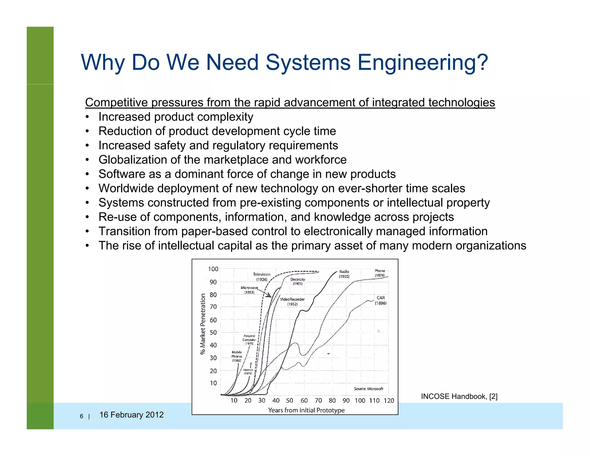 Why Do We Need Systems Engineering?
Competitive pressures from the rapid advancement of integrated technologies
• Increased product complexity
• Reduction of product development cycle time
I d f t d l t i t• Increased safety and regulatory requirements
• Globalization of the marketplace and workforce
• Software as a dominant force of change in new products
• Worldwide deployment of new technology on ever-shorter time scales
S t t t d f i ti t i t ll t l t• Systems constructed from pre-existing components or intellectual property
• Re-use of components, information, and knowledge across projects
• Transition from paper-based control to electronically managed information
• The rise of intellectual capital as the primary asset of many modern organizations
6 | 16 February 2012
INCOSE Handbook, [2]
 