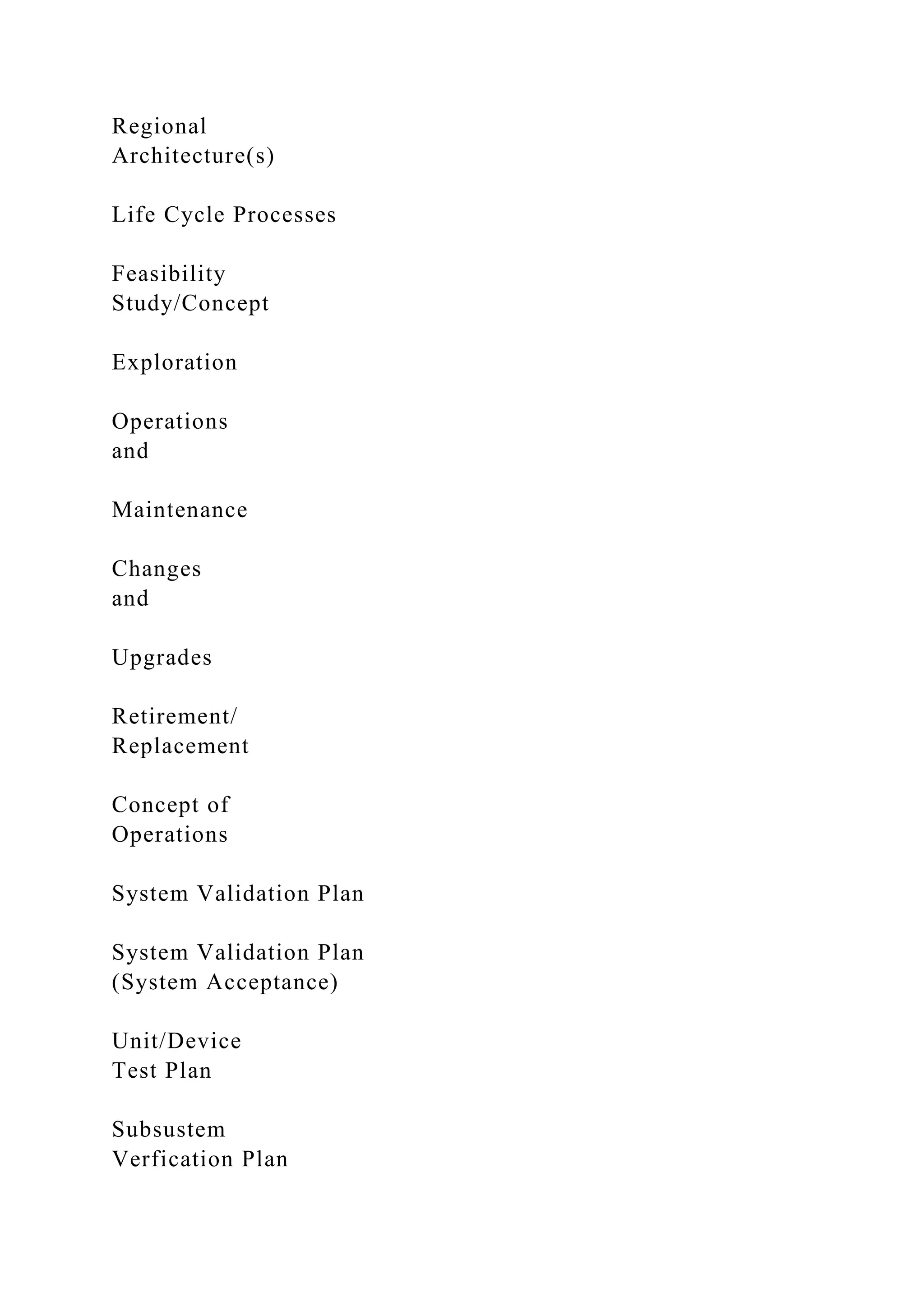 Regional
Architecture(s)
Life Cycle Processes
Feasibility
Study/Concept
Exploration
Operations
and
Maintenance
Changes
and
Upgrades
Retirement/
Replacement
Concept of
Operations
System Validation Plan
System Validation Plan
(System Acceptance)
Unit/Device
Test Plan
Subsustem
Verfication Plan
 