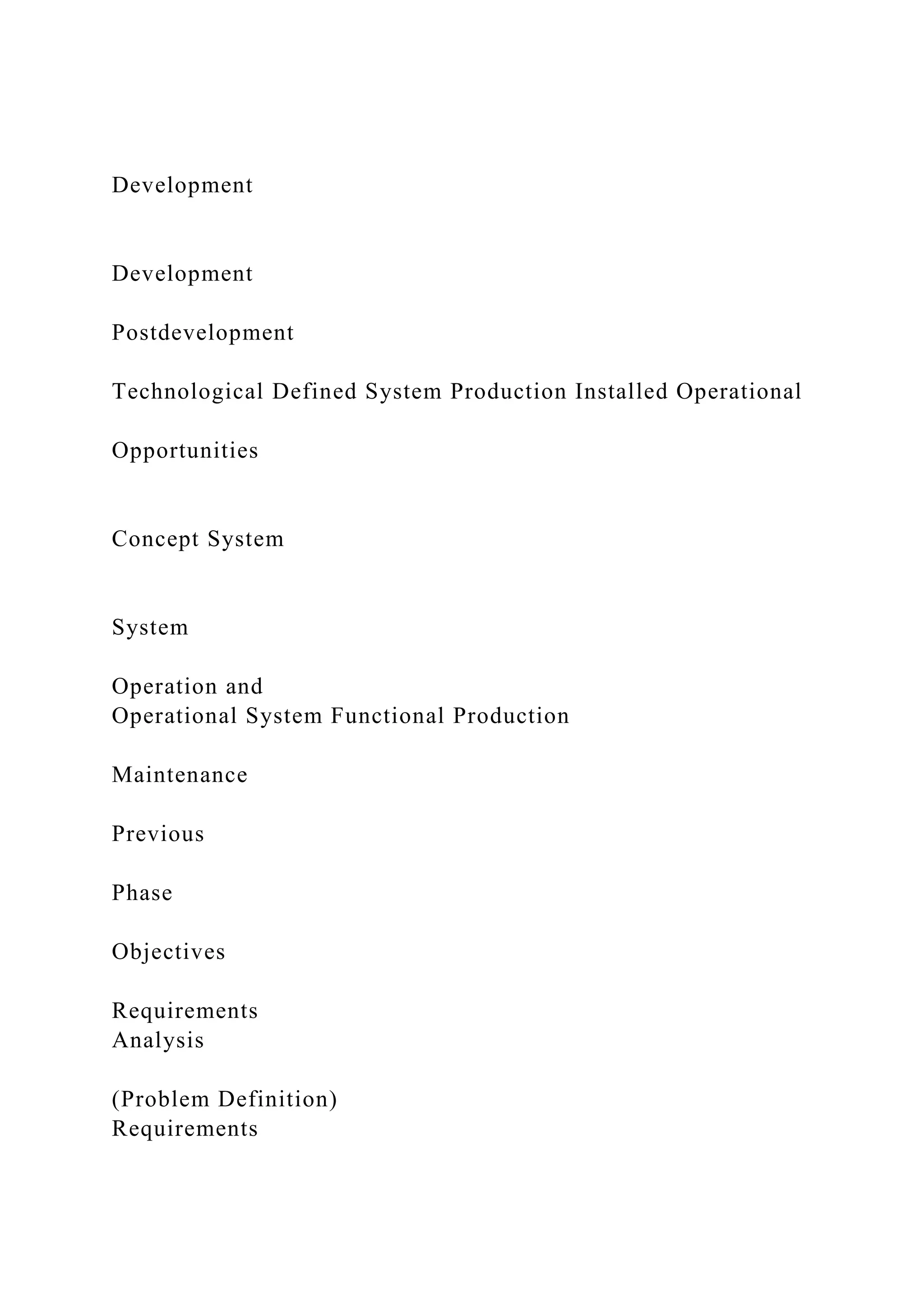 Development
Development
Postdevelopment
Technological Defined System Production Installed Operational
Opportunities
Concept System
System
Operation and
Operational System Functional Production
Maintenance
Previous
Phase
Objectives
Requirements
Analysis
(Problem Definition)
Requirements
 