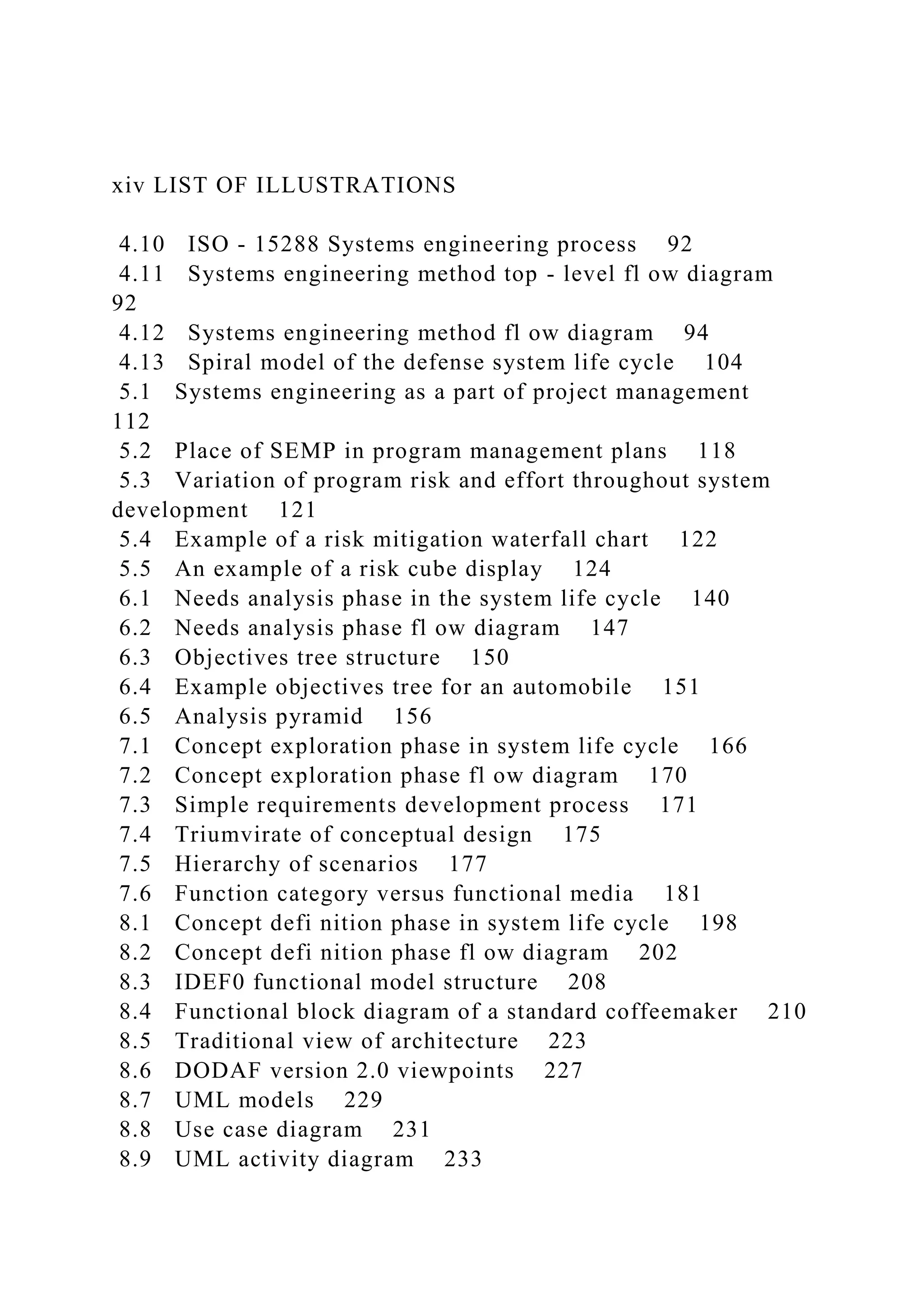 xiv LIST OF ILLUSTRATIONS
4.10 ISO - 15288 Systems engineering process 92
4.11 Systems engineering method top - level fl ow diagram
92
4.12 Systems engineering method fl ow diagram 94
4.13 Spiral model of the defense system life cycle 104
5.1 Systems engineering as a part of project management
112
5.2 Place of SEMP in program management plans 118
5.3 Variation of program risk and effort throughout system
development 121
5.4 Example of a risk mitigation waterfall chart 122
5.5 An example of a risk cube display 124
6.1 Needs analysis phase in the system life cycle 140
6.2 Needs analysis phase fl ow diagram 147
6.3 Objectives tree structure 150
6.4 Example objectives tree for an automobile 151
6.5 Analysis pyramid 156
7.1 Concept exploration phase in system life cycle 166
7.2 Concept exploration phase fl ow diagram 170
7.3 Simple requirements development process 171
7.4 Triumvirate of conceptual design 175
7.5 Hierarchy of scenarios 177
7.6 Function category versus functional media 181
8.1 Concept defi nition phase in system life cycle 198
8.2 Concept defi nition phase fl ow diagram 202
8.3 IDEF0 functional model structure 208
8.4 Functional block diagram of a standard coffeemaker 210
8.5 Traditional view of architecture 223
8.6 DODAF version 2.0 viewpoints 227
8.7 UML models 229
8.8 Use case diagram 231
8.9 UML activity diagram 233
 
