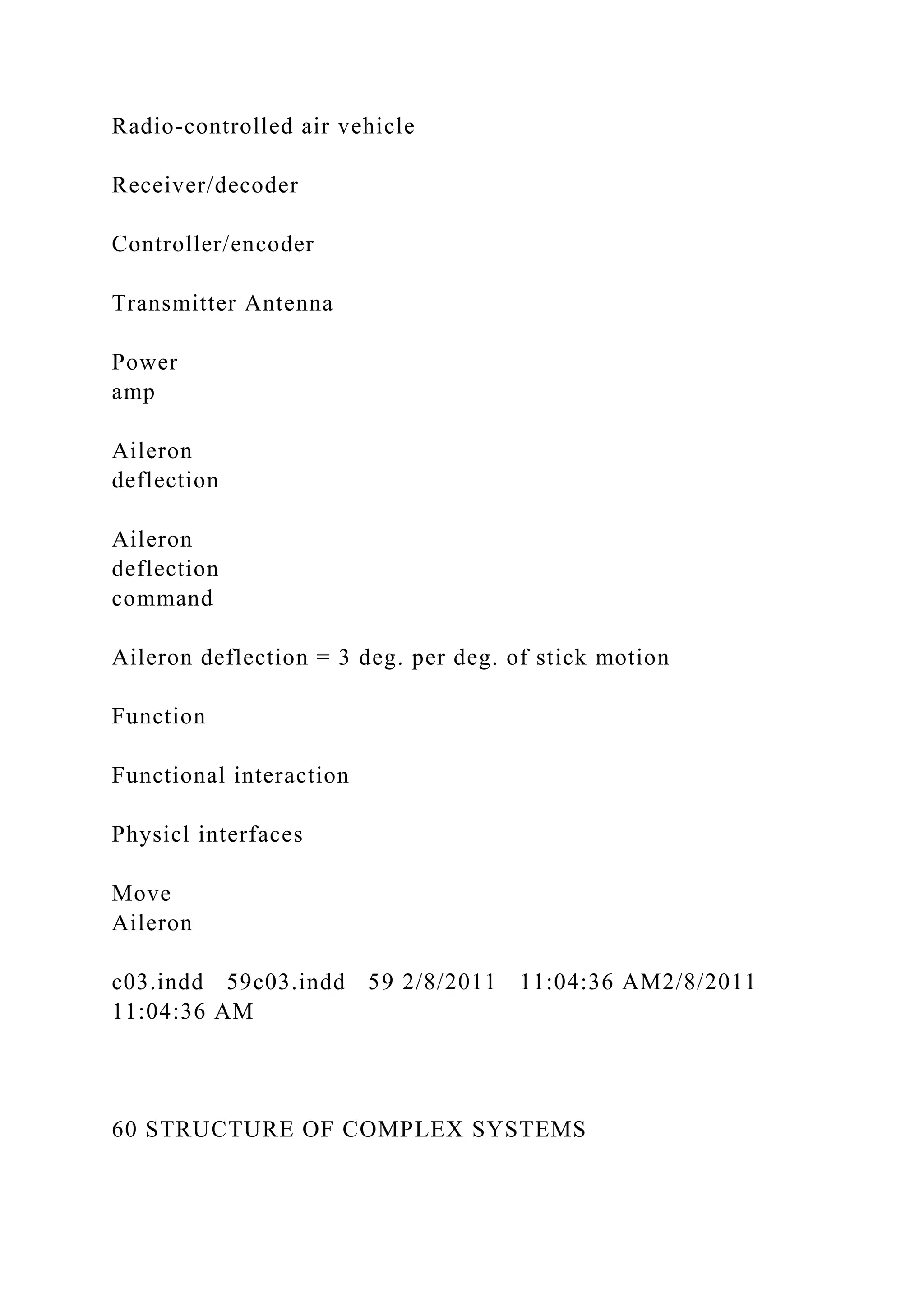 Radio-controlled air vehicle
Receiver/decoder
Controller/encoder
Transmitter Antenna
Power
amp
Aileron
deflection
Aileron
deflection
command
Aileron deflection = 3 deg. per deg. of stick motion
Function
Functional interaction
Physicl interfaces
Move
Aileron
c03.indd 59c03.indd 59 2/8/2011 11:04:36 AM2/8/2011
11:04:36 AM
60 STRUCTURE OF COMPLEX SYSTEMS
 