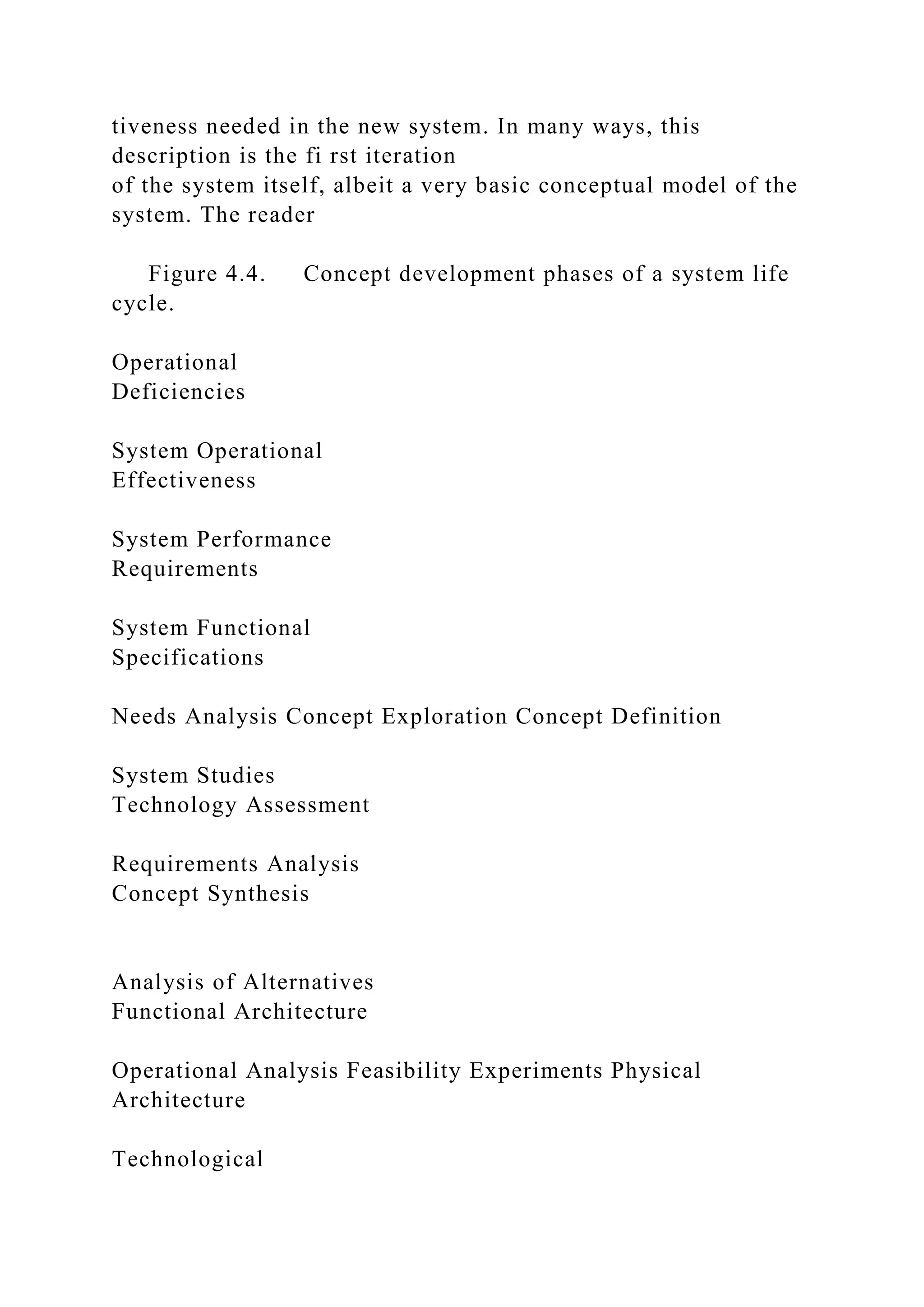 tiveness needed in the new system. In many ways, this
description is the fi rst iteration
of the system itself, albeit a very basic conceptual model of the
system. The reader
Figure 4.4. Concept development phases of a system life
cycle.
Operational
Deficiencies
System Operational
Effectiveness
System Performance
Requirements
System Functional
Specifications
Needs Analysis Concept Exploration Concept Definition
System Studies
Technology Assessment
Requirements Analysis
Concept Synthesis
Analysis of Alternatives
Functional Architecture
Operational Analysis Feasibility Experiments Physical
Architecture
Technological
 