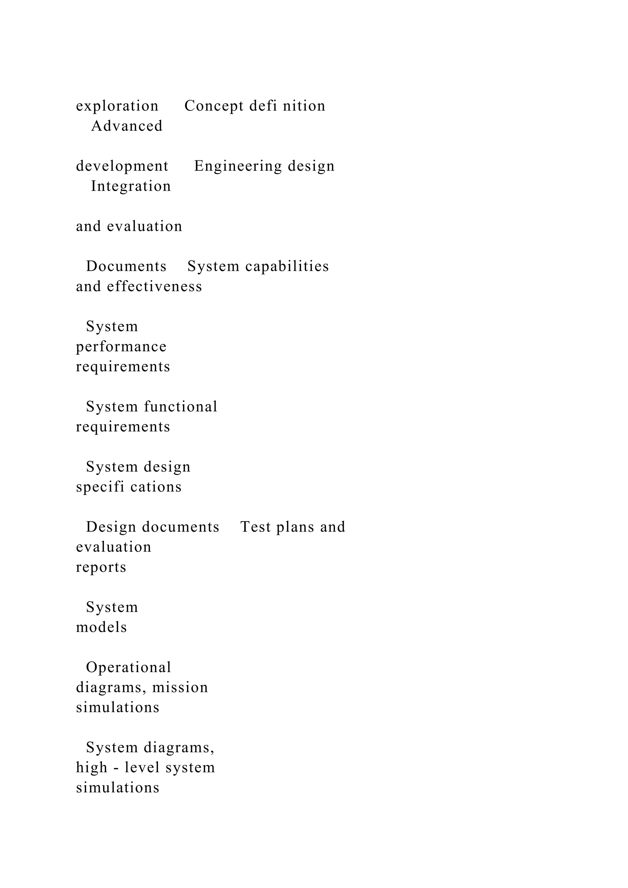 exploration Concept defi nition
Advanced
development Engineering design
Integration
and evaluation
Documents System capabilities
and effectiveness
System
performance
requirements
System functional
requirements
System design
specifi cations
Design documents Test plans and
evaluation
reports
System
models
Operational
diagrams, mission
simulations
System diagrams,
high - level system
simulations
 