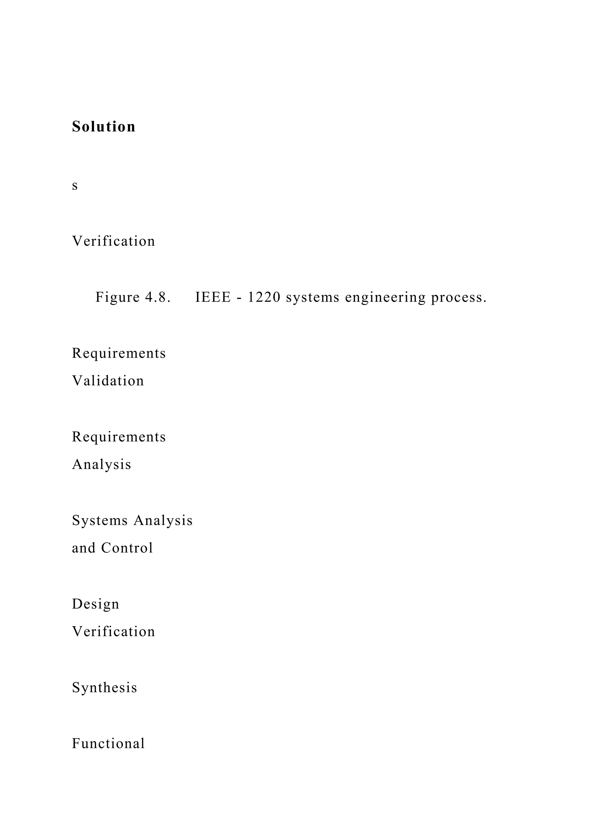 Solution
s
Verification
Figure 4.8. IEEE - 1220 systems engineering process.
Requirements
Validation
Requirements
Analysis
Systems Analysis
and Control
Design
Verification
Synthesis
Functional
 