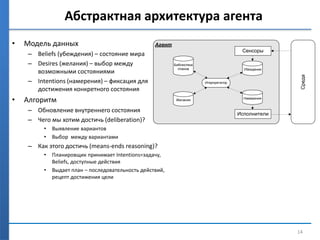 Абстрактная архитектура агента
• Модель данных
– Beliefs (убеждения) – состояние мира
– Desires (желания) – выбор между
возможными состояниями
– Intentions (намерения) – фиксация для
достижения конкретного состояния
• Алгоритм
– Обновление внутреннего состояния
– Чего мы хотим достичь (deliberation)?
• Выявление вариантов
• Выбор между вариантами
– Как этого достичь (means-ends reasoning)?
• Планировщик принимает Intentions=задачу,
Beliefs, доступные действия
• Выдает план – последовательность действий,
рецепт достижения цели
14
Агент
Среда
Сенсоры
Исполнители
Итерпретатор
Убеждения
НамеренияЖелания
Библиотека
планов
 