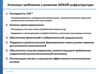 Ключевые требования к развитию ЛЮБОЙ инфраструктуры
1. Безлюдность, Self-*
Саморегулирование, непрерывный самоконтроль, самовосстановление отдельных
элементов или участков сети после аварии
2. Клиенто-ориентированность
Интеграция в сеть всех типов потребителей сетевых услуг
Поддержка и мотивирование потребителей быть активными участниками системы
3. Обеспечение физической и кибернетической защищенности
4. Поддержка развития рынков, формирования новых рынков сервисов
для различных пользователей
5. Обеспечение качества управления, соответствующего требованиям
современной высокотехнологичной экономики
6. Оптимизация состава и повышение эффективности использования
активов
25.02.2015 6
 