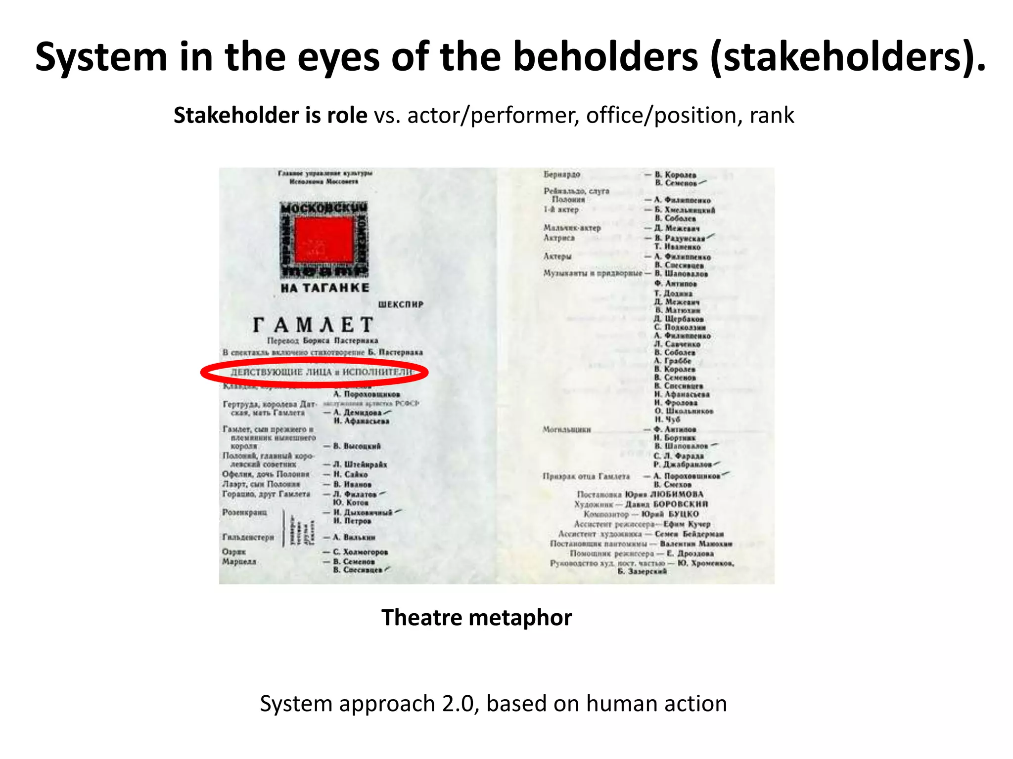 System in the eyes of the beholders (stakeholders).
Theatre metaphor
Stakeholder is role vs. actor/performer, office/position, rank
System approach 2.0, based on human action
 