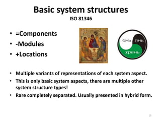 Basic system structures
ISO 81346
• =Components
• -Modules
• +Locations
• Multiple variants of representations of each system aspect.
• This is only basic system aspects, there are multiple other
system structure types!
• Rare completely separated. Usually presented in hybrid form.
13
 