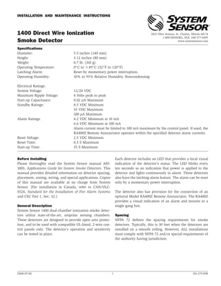 System sensor 1400 manual i56-0279 | PDF