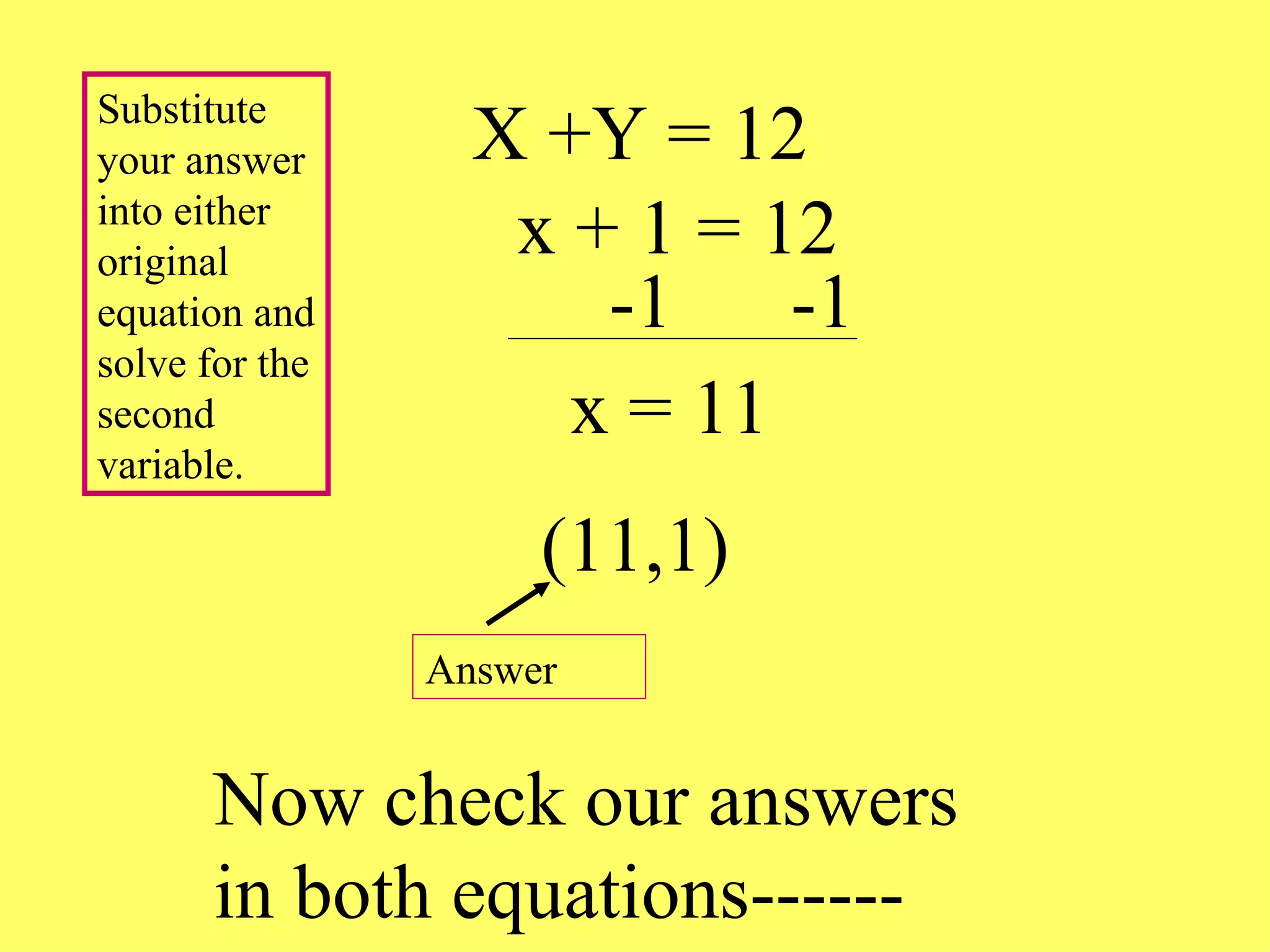 X +Y = 12 (11,1) Substitute your answer into either original equation and solve for the second variable. Answer Now check our answers in both equations------ x + 1 = 12 -1  -1 x = 11 