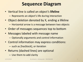 Sequence Diagram
• Vertical line is called an object’s lifeline
– Represents an object’s life during interaction
• Object deletion denoted by X, ending a lifeline
– Horizontal arrow is a message between two objects
• Order of messages sequences top to bottom
• Messages labeled with message name
– Optionally arguments and control information
• Control information may express conditions:
– such as [hasStock], or iteration
• Returns (dashed lines) are optional
– Use them to add clarity
12/12/2022 2
By Ashwini s. Deshpander - 9922946280
 