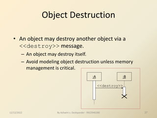 By Ashwini s. Deshpander - 9922946280 27
Object Destruction
• An object may destroy another object via a
<<destroy>> message.
– An object may destroy itself.
– Avoid modeling object destruction unless memory
management is critical.
:A :B
<<destroy>>
12/12/2022
 