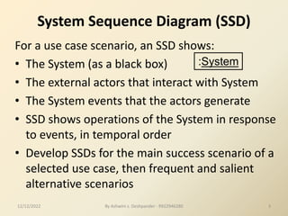 System Sequence Diagram (SSD)
For a use case scenario, an SSD shows:
• The System (as a black box)
• The external actors that interact with System
• The System events that the actors generate
• SSD shows operations of the System in response
to events, in temporal order
• Develop SSDs for the main success scenario of a
selected use case, then frequent and salient
alternative scenarios
:System
12/12/2022 3
By Ashwini s. Deshpander - 9922946280
 