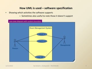 Room Management System
How UML is used – software specification
• Showing which activities the software supports
– Sometimes also useful to note those it doesn’t support
Person
check in
check out
Receptionist
pay bill
use-case diagram with system boundary
12/12/2022 9
By Ashwini s. Deshpander - 9922946280
 