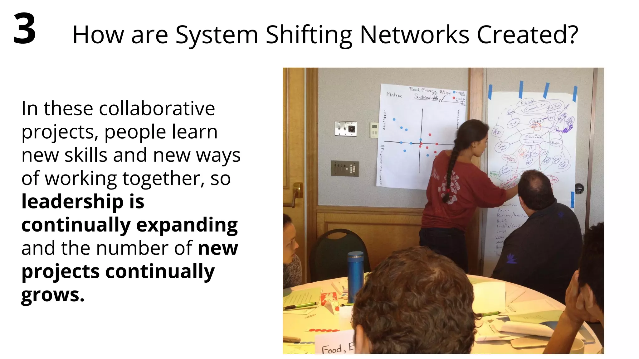 In these collaborative
projects, people learn
new skills and new ways
of working together, so
leadership is
continually expanding
and the number of new
projects continually
grows.
3 How are System Shifting Networks Created?
 