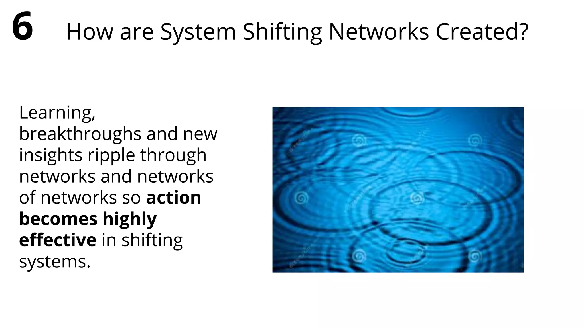 Learning,
breakthroughs and new
insights ripple through
networks and networks
of networks so action
becomes highly
eﬀective in shifting
systems.
6 How are System Shifting Networks Created?
 