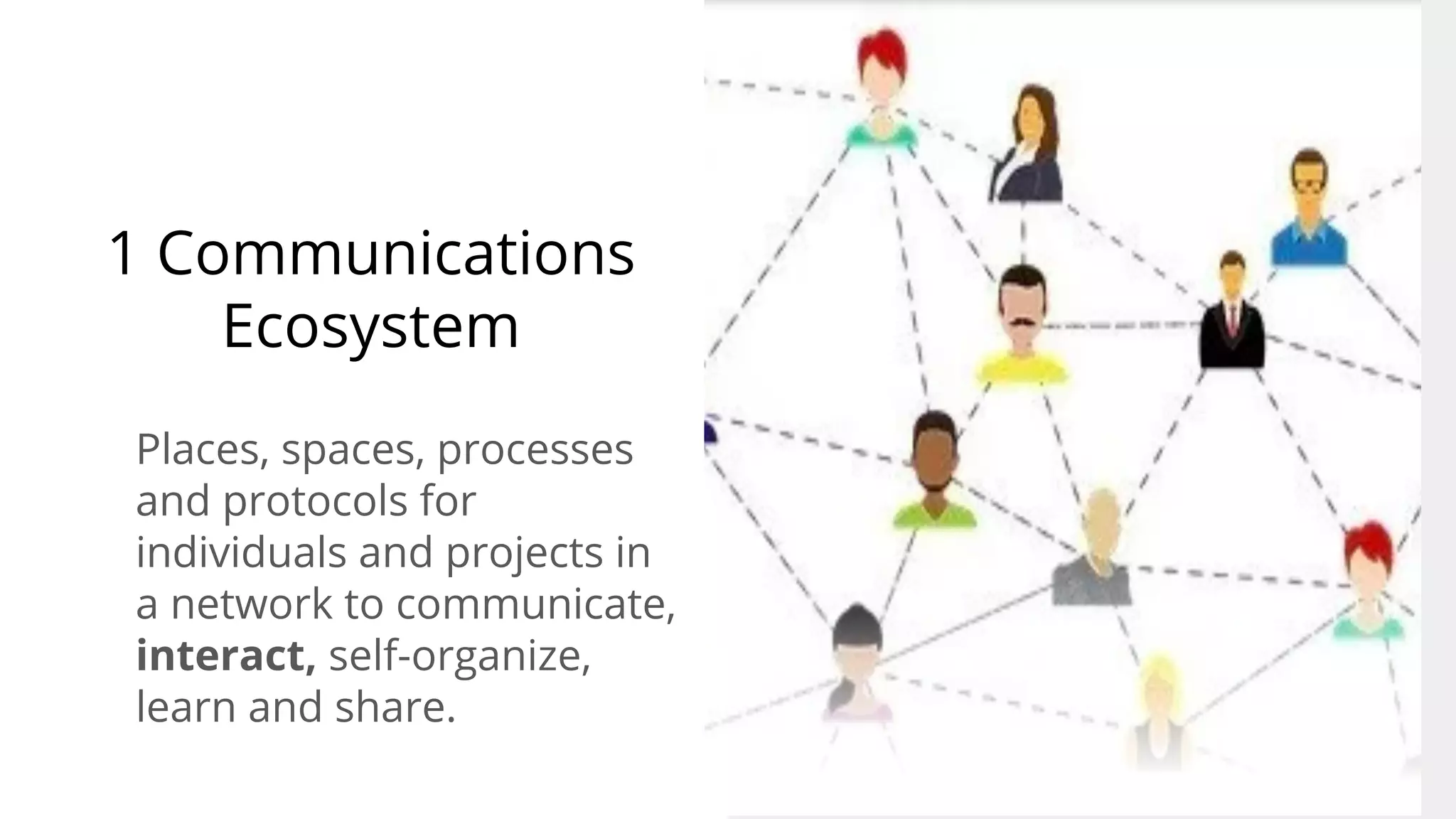 1 Communications
Ecosystem
Places, spaces, processes
and protocols for
individuals and projects in
a network to communicate,
interact, self-organize,
learn and share.
 