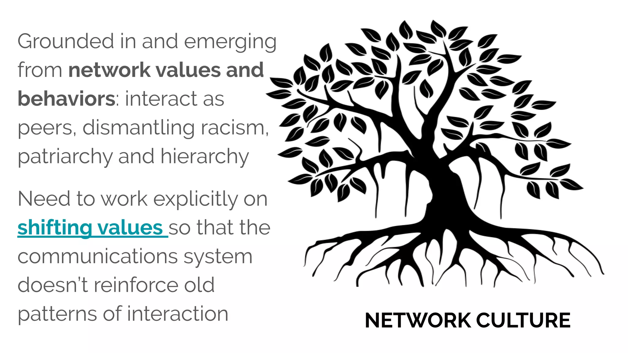 Grounded in and emerging
from network values and
behaviors: interact as
peers, dismantling racism,
patriarchy and hierarchy
Need to work explicitly on
shifting values so that the
communications system
doesn’t reinforce old
patterns of interaction NETWORK CULTURE
 