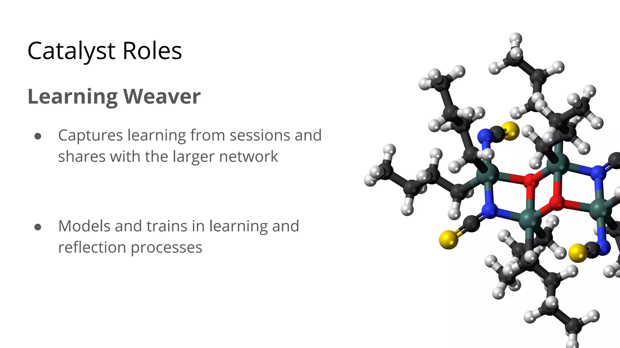 Catalyst Roles
Learning Weaver
● Captures learning from sessions and
shares with the larger network
● Models and trains in learning and
reﬂection processes
 