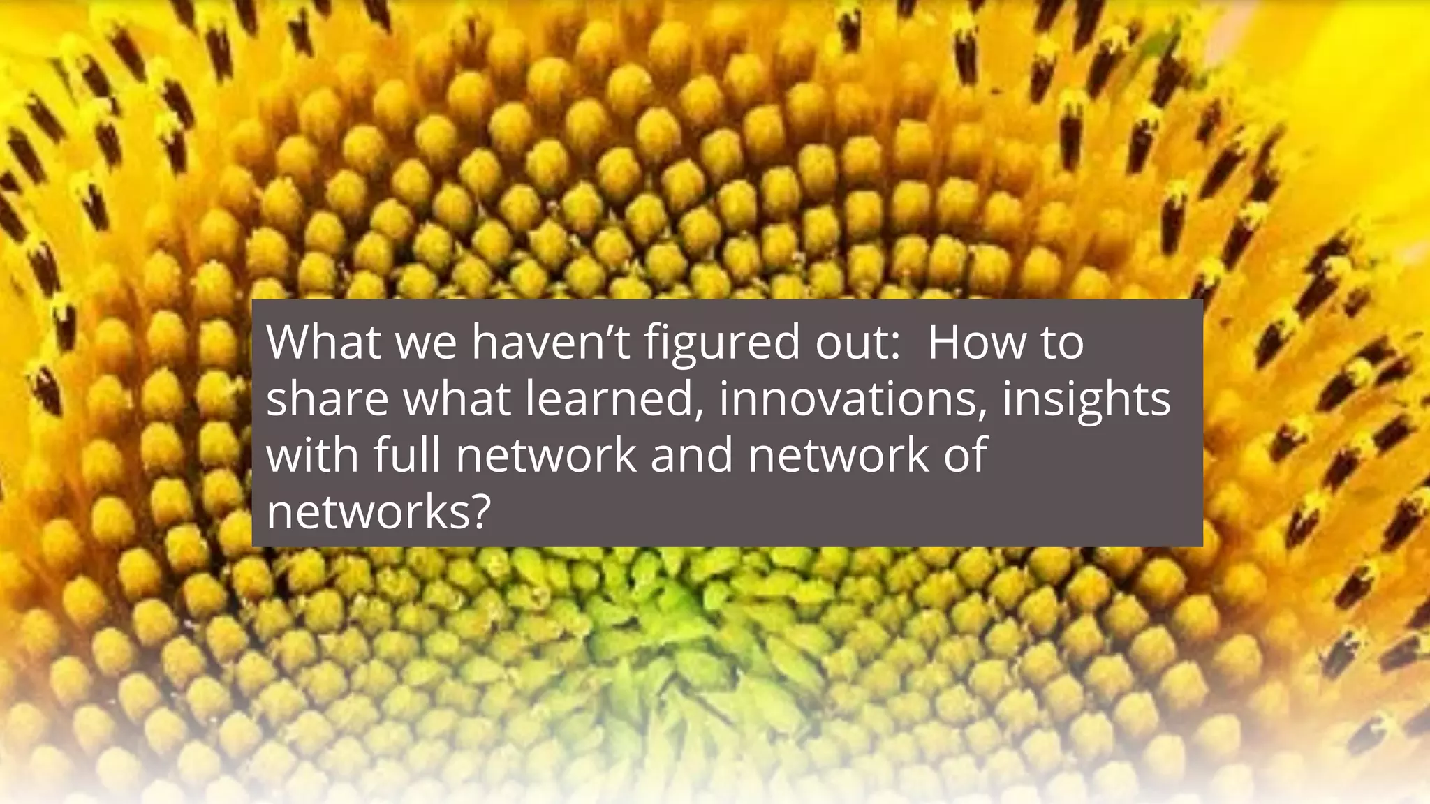 What we haven’t ﬁgured out: How to
share what learned, innovations, insights
with full network and network of
networks?
 