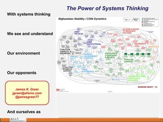 1
With systems thinking
We see and understand
Our environment
Our opponents
Our partners
And ourselves as
The Power of Systems Thinking
James K. Greer
jgreer@alisinc.com
@jamesgreer77
 