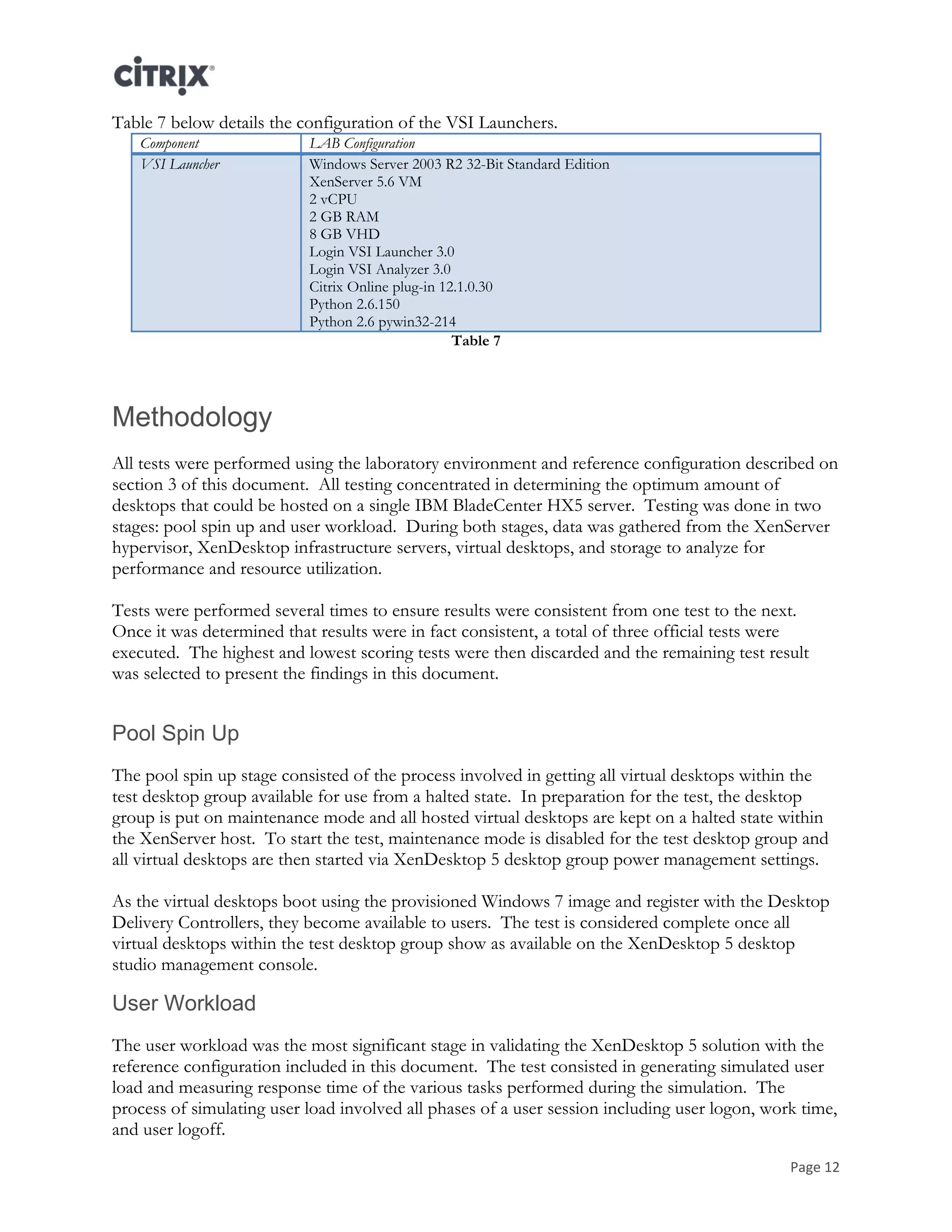Page 12
Table 7 below details the configuration of the VSI Launchers.
Component LAB Configuration
VSI Launcher Windows Server 2003 R2 32-Bit Standard Edition
XenServer 5.6 VM
2 vCPU
2 GB RAM
8 GB VHD
Login VSI Launcher 3.0
Login VSI Analyzer 3.0
Citrix Online plug-in 12.1.0.30
Python 2.6.150
Python 2.6 pywin32-214
Table 7
Methodology
All tests were performed using the laboratory environment and reference configuration described on
section 3 of this document. All testing concentrated in determining the optimum amount of
desktops that could be hosted on a single IBM BladeCenter HX5 server. Testing was done in two
stages: pool spin up and user workload. During both stages, data was gathered from the XenServer
hypervisor, XenDesktop infrastructure servers, virtual desktops, and storage to analyze for
performance and resource utilization.
Tests were performed several times to ensure results were consistent from one test to the next.
Once it was determined that results were in fact consistent, a total of three official tests were
executed. The highest and lowest scoring tests were then discarded and the remaining test result
was selected to present the findings in this document.
Pool Spin Up
The pool spin up stage consisted of the process involved in getting all virtual desktops within the
test desktop group available for use from a halted state. In preparation for the test, the desktop
group is put on maintenance mode and all hosted virtual desktops are kept on a halted state within
the XenServer host. To start the test, maintenance mode is disabled for the test desktop group and
all virtual desktops are then started via XenDesktop 5 desktop group power management settings.
As the virtual desktops boot using the provisioned Windows 7 image and register with the Desktop
Delivery Controllers, they become available to users. The test is considered complete once all
virtual desktops within the test desktop group show as available on the XenDesktop 5 desktop
studio management console.
User Workload
The user workload was the most significant stage in validating the XenDesktop 5 solution with the
reference configuration included in this document. The test consisted in generating simulated user
load and measuring response time of the various tasks performed during the simulation. The
process of simulating user load involved all phases of a user session including user logon, work time,
and user logoff.
 