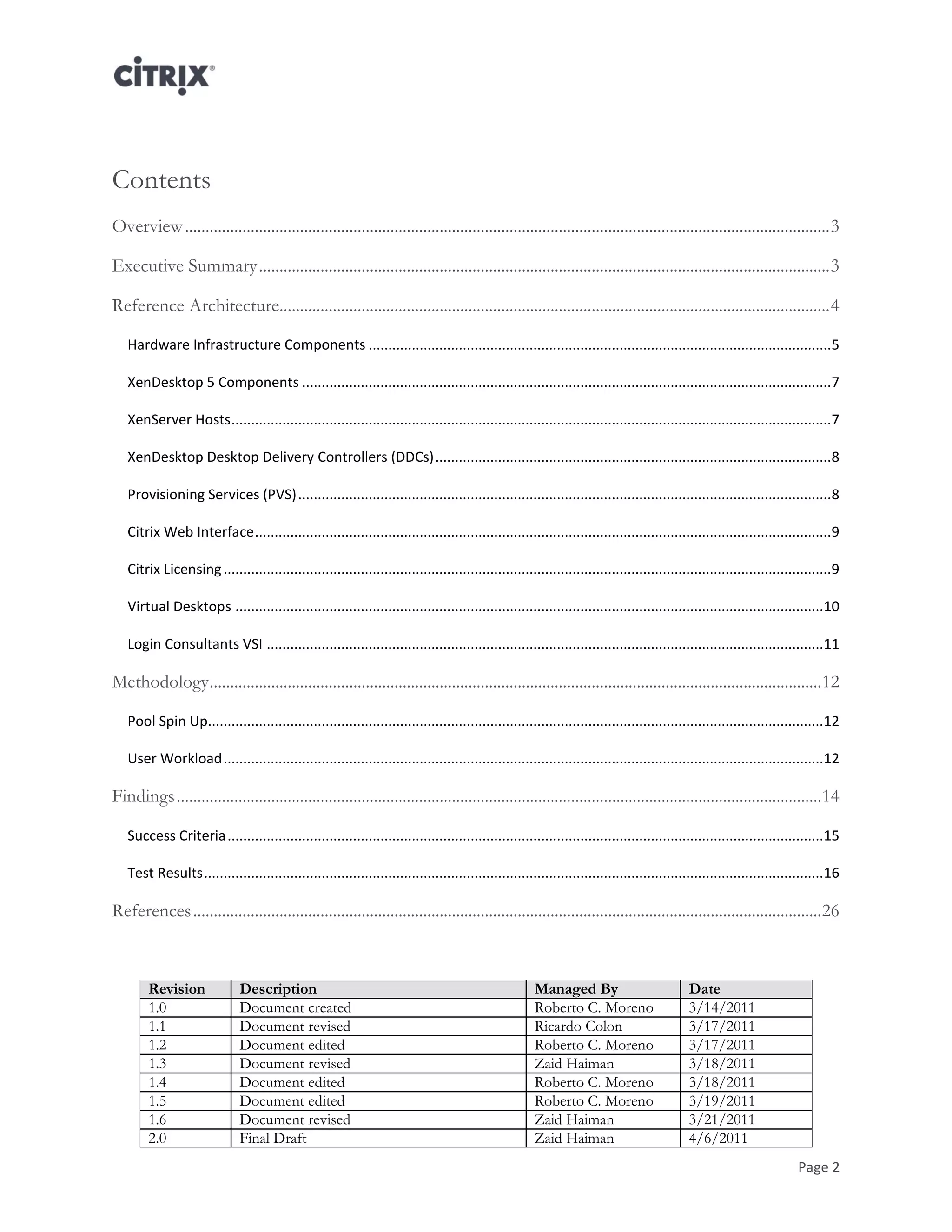 Page 2
Contents
Overview.............................................................................................................................................................3
Executive Summary...........................................................................................................................................3
Reference Architecture......................................................................................................................................4
Hardware Infrastructure Components ......................................................................................................................5
XenDesktop 5 Components .......................................................................................................................................7
XenServer Hosts.........................................................................................................................................................7
XenDesktop Desktop Delivery Controllers (DDCs).....................................................................................................8
Provisioning Services (PVS)........................................................................................................................................8
Citrix Web Interface...................................................................................................................................................9
Citrix Licensing...........................................................................................................................................................9
Virtual Desktops ......................................................................................................................................................10
Login Consultants VSI ..............................................................................................................................................11
Methodology.....................................................................................................................................................12
Pool Spin Up.............................................................................................................................................................12
User Workload.........................................................................................................................................................12
Findings.............................................................................................................................................................14
Success Criteria........................................................................................................................................................15
Test Results..............................................................................................................................................................16
References.........................................................................................................................................................26
Revision Description Managed By Date
1.0 Document created Roberto C. Moreno 3/14/2011
1.1 Document revised Ricardo Colon 3/17/2011
1.2 Document edited Roberto C. Moreno 3/17/2011
1.3 Document revised Zaid Haiman 3/18/2011
1.4 Document edited Roberto C. Moreno 3/18/2011
1.5 Document edited Roberto C. Moreno 3/19/2011
1.6 Document revised Zaid Haiman 3/21/2011
2.0 Final Draft Zaid Haiman 4/6/2011
 