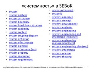 «системность» в SEBoK
                                                                •   system-of-interest
    •   system
                                                                •   systemic
    •   system analysis
                                                                •   systems approach
    •   system assurance
                                                                •   systems concept
    •   system boundary
                                                                •   systems development
    •   system breakdown structure
                                                                •   systems engineer
    •   system capability
                                                                •   systems engineering
    •   system context
                                                                •   systems engineering and
    •   system coupling diagram                                     integration team (seit)
    •   system definition                                       •   systems engineering
    •   system effectiveness                                        management (sem)
    •   system element                                          •   systems engineering plan (sep)
    •   system of systems (sos)                                 •   systems integration
    •   system property                                         •   systems science
    •   system realization                                      •   systems thinking
    •   system requirement

http://www.sebokwiki.org/1.0.1/index.php?title=Category:Glossary_of_Terms&pagefrom=Moral+%28glossary%29#mw-pages   5
 