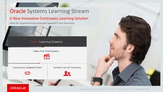 Copyright © 2014 Oracle and/or its affiliates. All rights reserved. | Oracle Confidential – Internal/Restricted/Highly Restricted 1
Oracle Systems Learning Stream
A New Innovative Continuous Learning Solution
Ideal for supplementing what you learned in the classroom
Rashid Nihal (rashidฺfujitsu@dofฺabudhabiฺae) has a non-transfera
license to use this Student Guideฺ
UnauthorizedreproductionordistributionprohibitedฺCopyright©2016,Oracl
 
