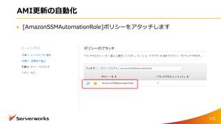 AMI更新の自動化
[AmazonSSMAutomationRole]ポリシーをアタッチします
125
 