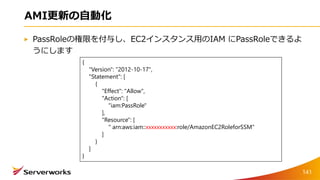 AMI更新の自動化
PassRoleの権限を付与し、EC2インスタンス用のIAM にPassRoleできるよ
うにします
141
{
"Version": "2012-10-17",
"Statement": [
{
"Effect": "Allow",
"Action": [
"iam:PassRole"
],
"Resource": [
" arn:aws:iam::xxxxxxxxxxx:role/AmazonEC2RoleforSSM"
]
}
]
}
 