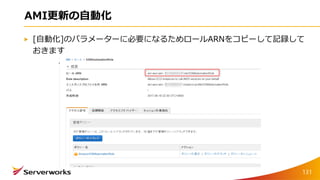 AMI更新の自動化
[自動化]のパラメーターに必要になるためロールARNをコピーして記録して
おきます
131
 