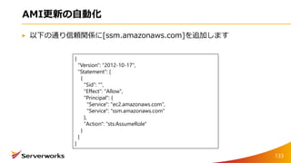 AMI更新の自動化
以下の通り信頼関係に[ssm.amazonaws.com]を追加します
{
"Version": "2012-10-17",
"Statement": [
{
"Sid": "",
"Effect": "Allow",
"Principal": {
"Service": "ec2.amazonaws.com",
"Service": "ssm.amazonaws.com"
},
"Action": "sts:AssumeRole"
}
]
}
133
 