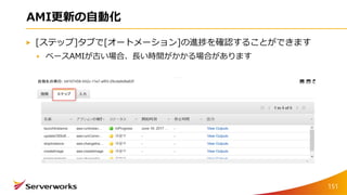 AMI更新の自動化
[ステップ]タブで[オートメーション]の進捗を確認することができます
ベースAMIが古い場合、長い時間がかかる場合があります
151
 