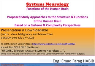 Systems Neurology
Functions of the Human Brain
Proposed Study Approaches to the Structure & Functions
of the Human Brain
Based on a Systems & Complexity Perspectives
Systems Neurology Ver 0.95 July 17th 2023 HABIB’s Complexity 3D Perspective Eng. Emad Farag HABIB
Eng. Emad Farag HABIB
Presentation is Downloadable
(and is : Virus, Malignancy, and Macro Free)
VERSION 0.95 July 17th 2023
To get the Latest Version: Open https://www.slideshare.net/EmadfHABIB2/
You will Find ONLY ONE File Named :
“UPDATED (Version <whatever>) Systems Neurology … “ ,
While other files are named “Outdated” or have a Completely Different Name (Other Subjects)
 