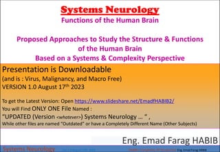 Systems Neurology
Functions of the Human Brain
Proposed Approaches to Study the Structure & Functions
of the Human Brain
Based on a Systems & Complexity Perspective
Systems Neurology Ver 1.0 August 17th 2023 HABIB’s Complexity 3D Perspective Eng. Emad Farag HABIB
Eng. Emad Farag HABIB
Presentation is Downloadable
(and is : Virus, Malignancy, and Macro Free)
VERSION 1.0 August 17th 2023
To get the Latest Version: Open https://www.slideshare.net/EmadfHABIB2/
You will Find ONLY ONE File Named :
“UPDATED (Version <whatever>) Systems Neurology … “ ,
While other files are named “Outdated” or have a Completely Different Name (Other Subjects)
 